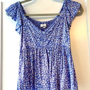 Japna Blue and White Floral Smocked Flutter Sleeve Blouse